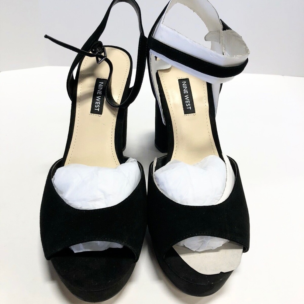 NINE WEST Gail Black Suede Leather Platform Block Heel Pump Ankle Strap Sandal 9 - Picture 8 of 11